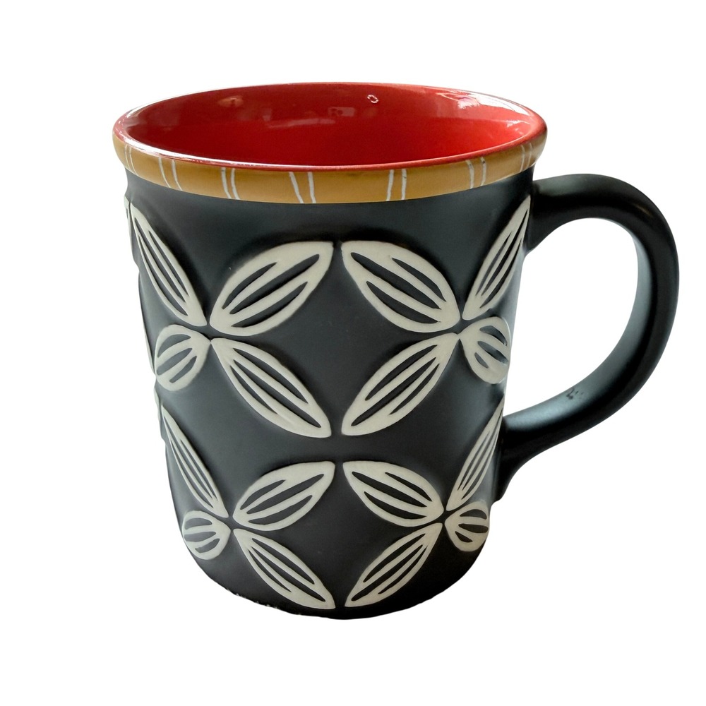 Starbucks 2008 Hawaiian Tiki Floral Mug 16 oz Black Red Bone China Embossed
